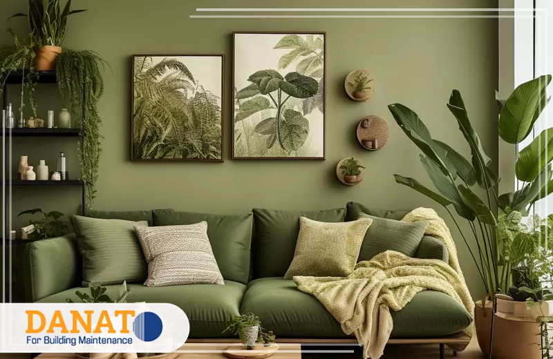 تصميم ديكور في راس الخيمة 0545248958 دانات اللؤلؤ تنسق شركة ديكور في راس الخيمة جلسة خضراء هادئة بنباتات ولوحات تمنح المنزل دفئا طبيعيا أنيقا ومتوازنا