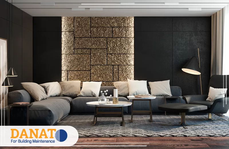 تصميم مجالس وصالات في راس الخيمة 0545248958 دانات اللؤلؤ تبتكر شركة ديكور في راس الخيمة جدارا عصريا بإضاءة مخفية وأثاث فاخر لواجهة صالة راقية وجذابة ومتوازنة