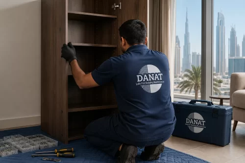 شركة فك وتركيب اثاث في ابوظبي 0545248958 شركة دانات اللؤلؤ فني دانات اللؤلؤ يثبت أرفف خزانة بدقة مع ترتيب الأدوات وحماية أرضية المكان.