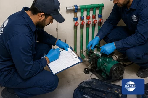 شركة حل ارتفاع فاتورة المياه في راس الخيمة 0545248958 شركه دانات اللؤلؤ فريقنا يختبر المضخة وضغط الشبكة ميدانيًا قبل تحديد سبب الخلل وخطة الإصلاح.